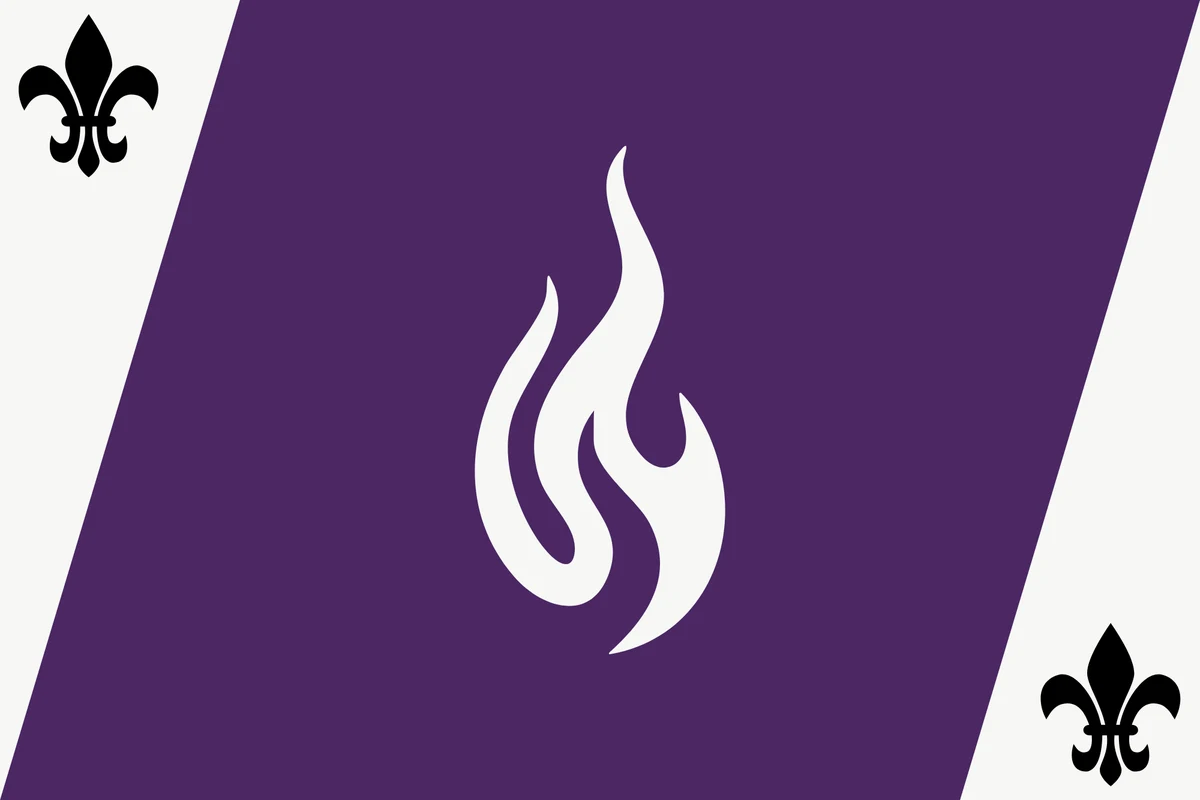 Drapeau de 1642 : flamme blanche sur bande violette oblique, fleurs de lys noires aux angles blancs