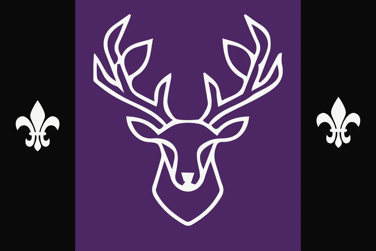 Étendard de la maison Vinter : tête de cerf blanche sur bande violette, fleurs de lys blanches sur bandes noires