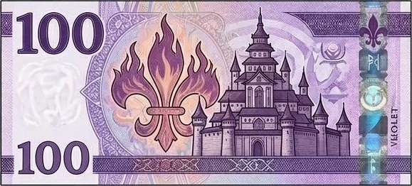 Billet de 100 Marks, violet : La fleur de lys en flammes devant le palais impérial d'Aldara.