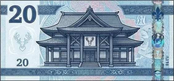 Billet de 20 Marks, bleu : Un temple au cerf, dans le style des sanctuaires du cérémonial triple.