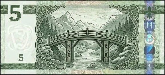 Billet de 5 Marks, vert : Un pont de bois entre les montagnes du Khorosan, au-dessus d'un torrent des hauts plateaux.