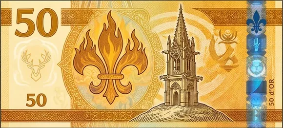 Billet de 50 Marks, or : La fleur de lys en flammes et la flèche gothique d'une chapelle dressée sur sa colline.