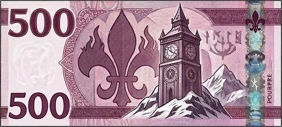 Billet de 500 Marks, pourpre : La fleur de lys, la flamme et la tour de l'horloge dressée sur les hauts plateaux.